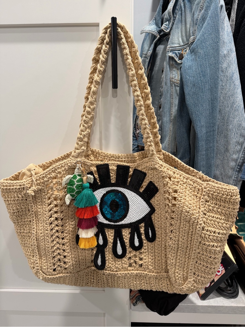 Natural Woven Tote Bag with Colorful Eye Patch and Tassel